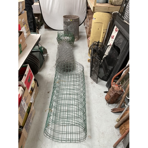 376 - 2 VINTAGE GALVANISED DUSTBINS, QTY OF WIRE AND HANGING BASKETS