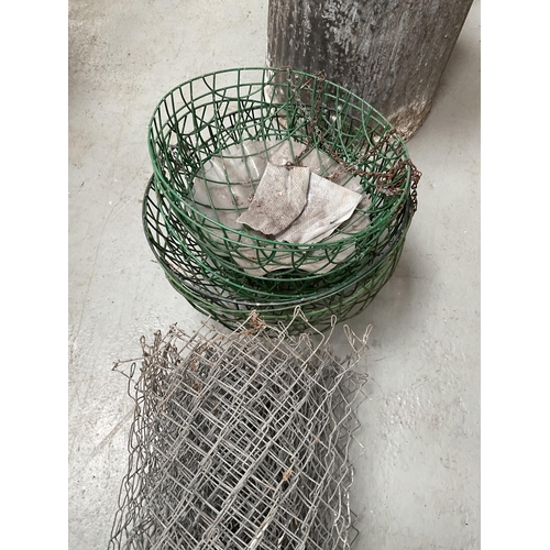 376 - 2 VINTAGE GALVANISED DUSTBINS, QTY OF WIRE AND HANGING BASKETS