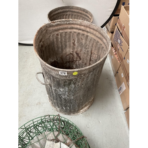 376 - 2 VINTAGE GALVANISED DUSTBINS, QTY OF WIRE AND HANGING BASKETS