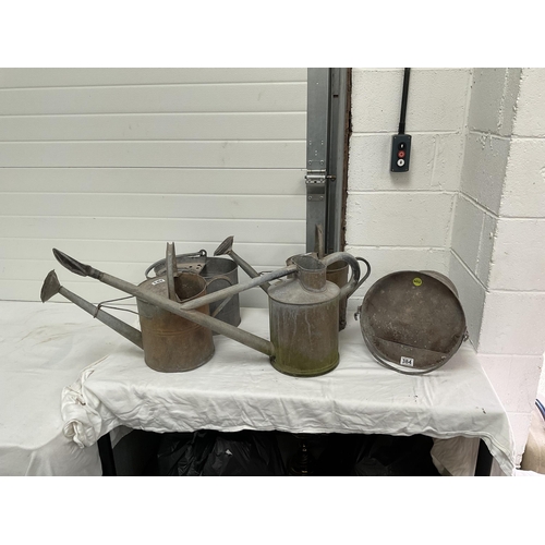 384 - 3 VINTAGE GALVANISED WATERING CANS C/W BRASS ROSES, MOP BUCKET, FIRE BUCKET,