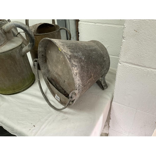 384 - 3 VINTAGE GALVANISED WATERING CANS C/W BRASS ROSES, MOP BUCKET, FIRE BUCKET,