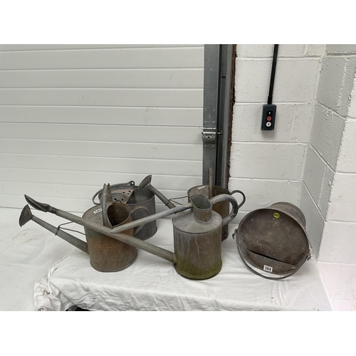 384 - 3 VINTAGE GALVANISED WATERING CANS C/W BRASS ROSES, MOP BUCKET, FIRE BUCKET,