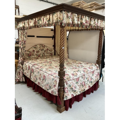 222 - MAHOGANY HEAVILY CARVED FOUR POSTER BED C/W SPIRAL DESIGN FLY AWAY  MAHOGANY CORNICE FLORAL UPHOLSTE... 