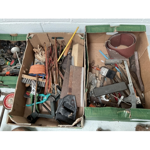 16 - 3 BOXES OF TOOLS, HARDWARE, SANDING DISCS ETC