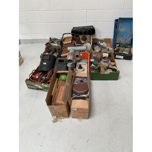 23 - 6 BOXES OF WORKSHOP EQUIPMENT TO INCLUDE WELDING MASK, TORCHES, LAMPS ETC