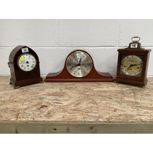 38 - 3 MANTLE CLOCKS 1 ANTIQUE A/F AND 2 MODERN