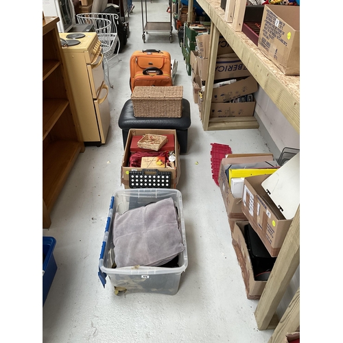 44 - 2 ORANGE SUITCASES, LEATHER FOOTSTOOL, HOUSEHOLD ITEMS