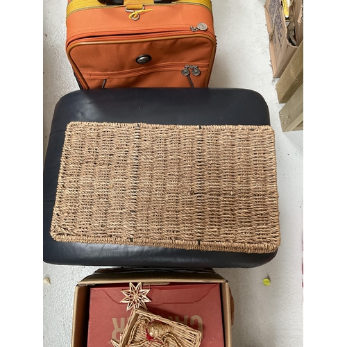 44 - 2 ORANGE SUITCASES, LEATHER FOOTSTOOL, HOUSEHOLD ITEMS