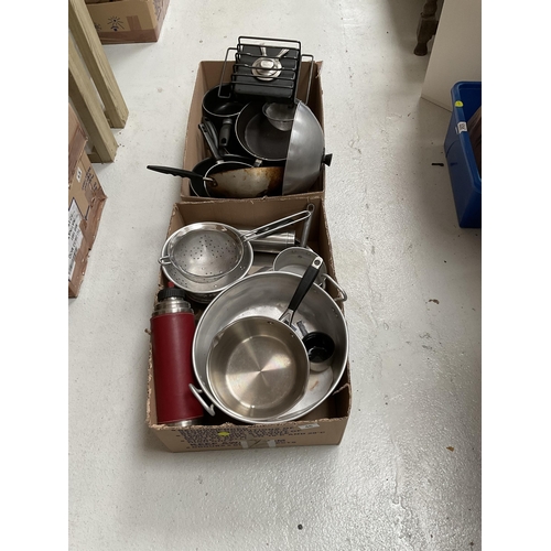 46 - 2 BOXES OF KITCHENWARE POTS, PANS ETC