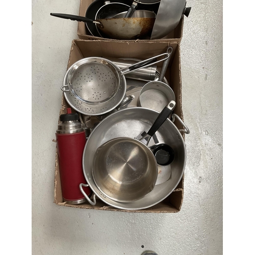 46 - 2 BOXES OF KITCHENWARE POTS, PANS ETC