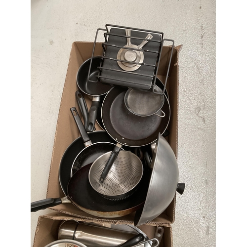 46 - 2 BOXES OF KITCHENWARE POTS, PANS ETC