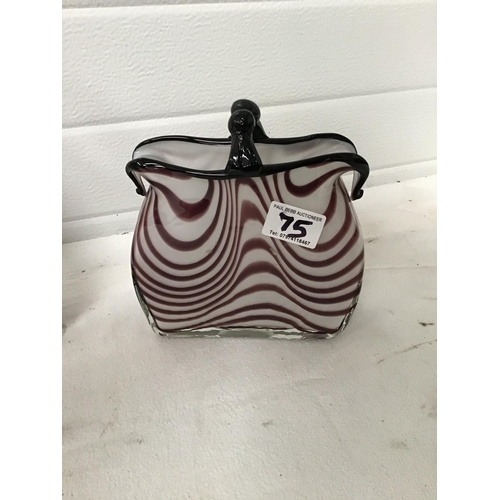 75 - 2 COLOURED GLASS ORNAMENTAL HANDBAGS