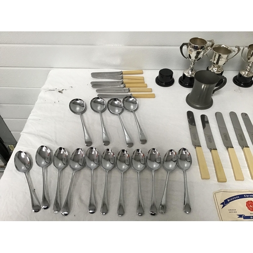 80 - BOX OF CUTLERY, TROPHIES ETC