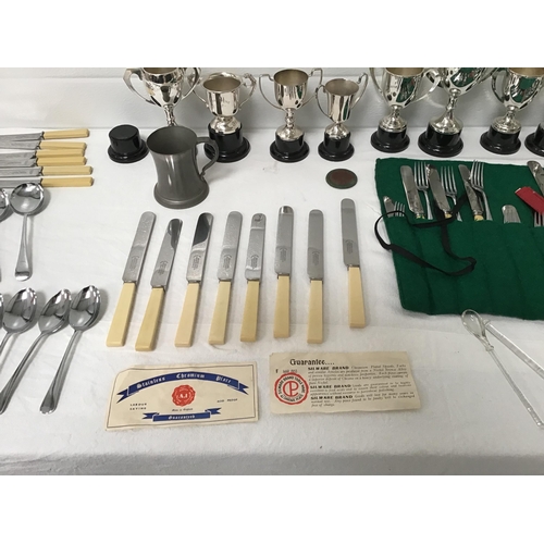 80 - BOX OF CUTLERY, TROPHIES ETC