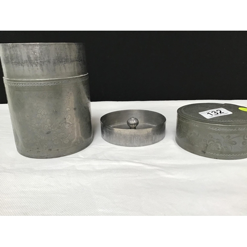 132 - PEWTER TEA CADDY AND CERAMIC POT