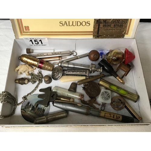 151 - BOX OF COLLECTABLES TO INCLUDE THIMBLES, PENS BADGES ETC