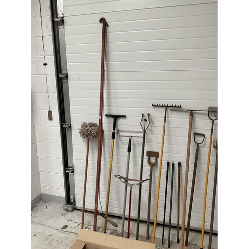 128 - LARGE SELECTION OF GARDEN TOOLS TO INCLUDE RAKES, HOES ETC