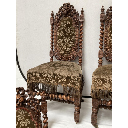 163 - SET OF 4 HEAVILY CARVED OAK BARLEYTWIST DINING CHAIRS DECORATED WITH FRUIT & FOILAGE - H45