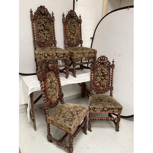 163 - SET OF 4 HEAVILY CARVED OAK BARLEYTWIST DINING CHAIRS DECORATED WITH FRUIT & FOILAGE - H45