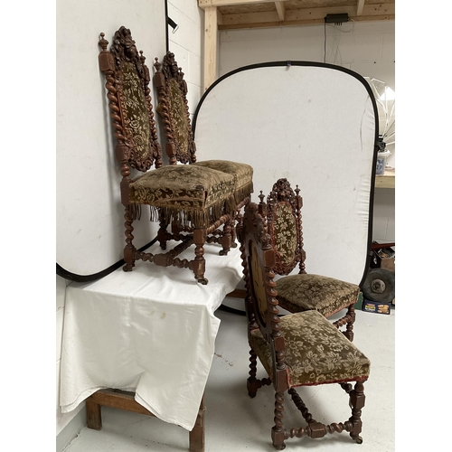 163 - SET OF 4 HEAVILY CARVED OAK BARLEYTWIST DINING CHAIRS DECORATED WITH FRUIT & FOILAGE - H45