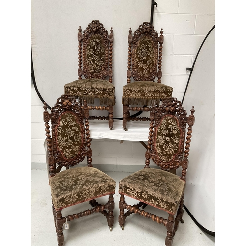 163 - SET OF 4 HEAVILY CARVED OAK BARLEYTWIST DINING CHAIRS DECORATED WITH FRUIT & FOILAGE - H45