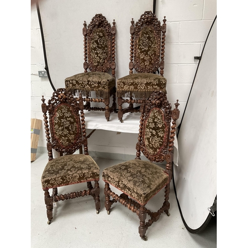 163 - SET OF 4 HEAVILY CARVED OAK BARLEYTWIST DINING CHAIRS DECORATED WITH FRUIT & FOILAGE - H45