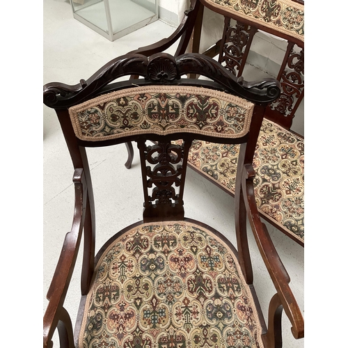 164 - VICTORIAN 4 PIECE SALOON SUITE WITH CARVED BACK AND UPHOLSTERED SEATS - SOFA H38