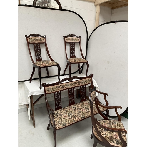 164 - VICTORIAN 4 PIECE SALOON SUITE WITH CARVED BACK AND UPHOLSTERED SEATS - SOFA H38