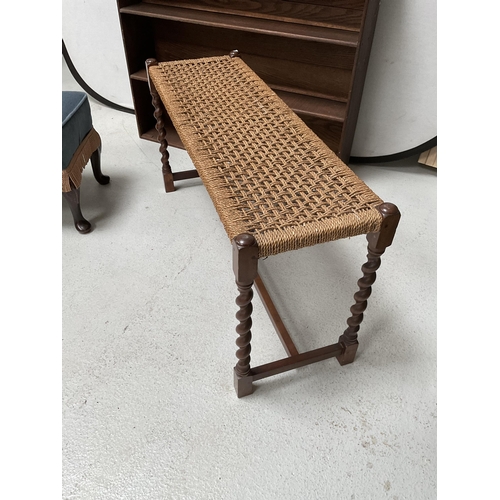 170 - OAK FOUR TIER BOOKCASE, BARLEYTWIST OAK STOOL, BLUE UPHOLSTERED STOOL ON CABRIOLE LEGS - BOOKCASE H3... 