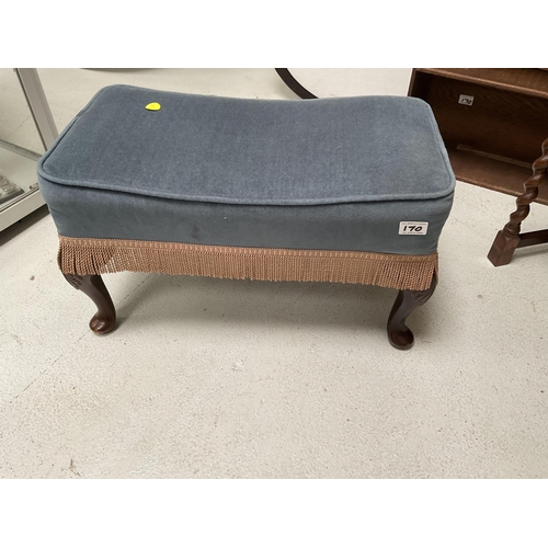 170 - OAK FOUR TIER BOOKCASE, BARLEYTWIST OAK STOOL, BLUE UPHOLSTERED STOOL ON CABRIOLE LEGS - BOOKCASE H3... 