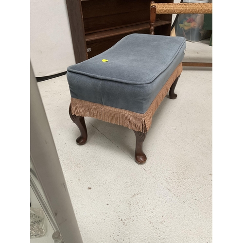 170 - OAK FOUR TIER BOOKCASE, BARLEYTWIST OAK STOOL, BLUE UPHOLSTERED STOOL ON CABRIOLE LEGS - BOOKCASE H3... 