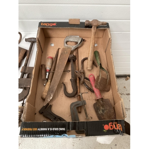 176 - 2 BOXES OF TOOLS TO INCLUDE AXES, BRUMMICKS, SICKLES, SPANNERS ETC