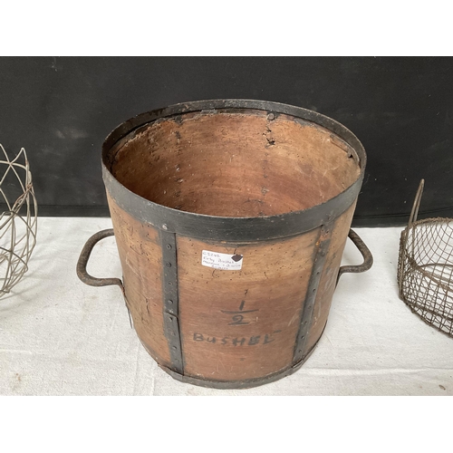 179 - EARLY BUSHEL MEASURE AND 2 WIRE BASKETS