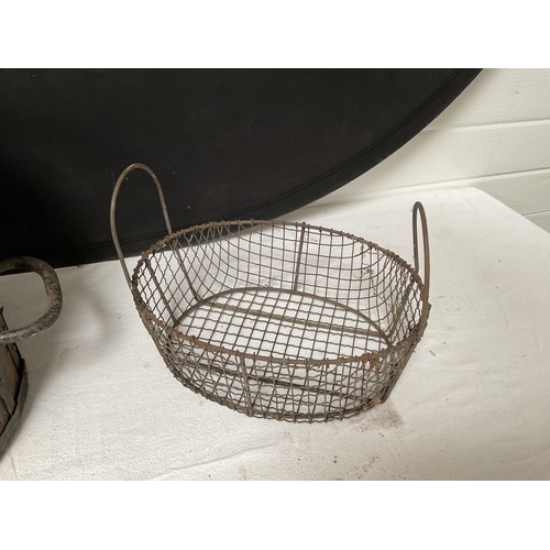 179 - EARLY BUSHEL MEASURE AND 2 WIRE BASKETS