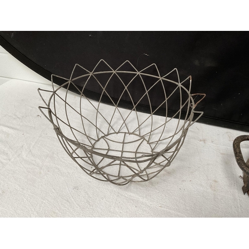 179 - EARLY BUSHEL MEASURE AND 2 WIRE BASKETS