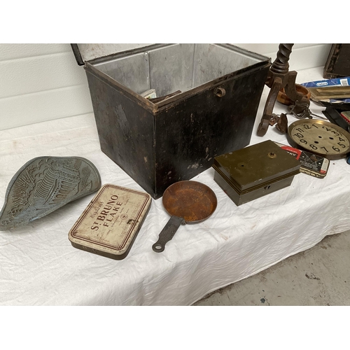 184 - VICTORIAN METAL BOX, HARDWARE ETC