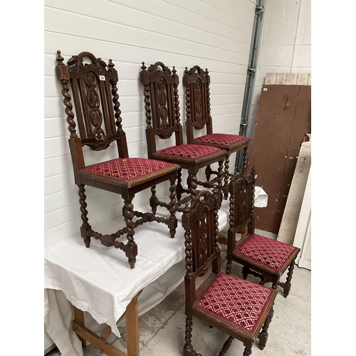 204 - 5 CARVED OAK BARLEYTWIST STRETCHERED DINING CHAIRS A/F