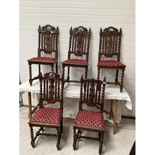 204 - 5 CARVED OAK BARLEYTWIST STRETCHERED DINING CHAIRS A/F