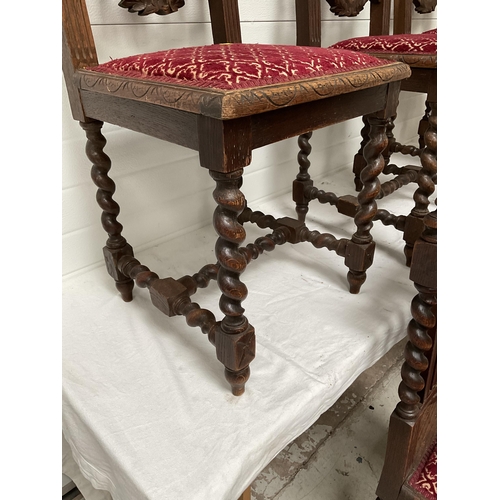 204 - 5 CARVED OAK BARLEYTWIST STRETCHERED DINING CHAIRS A/F