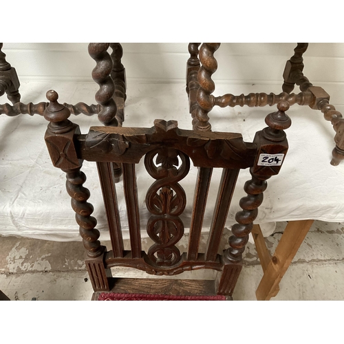 204 - 5 CARVED OAK BARLEYTWIST STRETCHERED DINING CHAIRS A/F