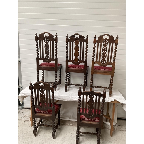 204 - 5 CARVED OAK BARLEYTWIST STRETCHERED DINING CHAIRS A/F