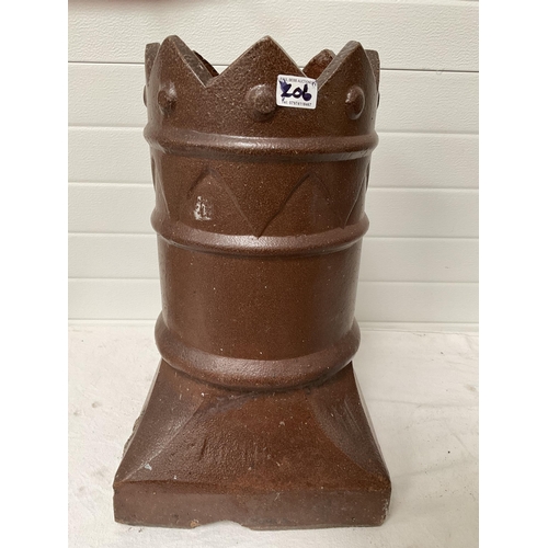 206 - PAIR OF VICTORIAN BROWN GLAZED CHIMNEY POTS WITH CASULATED TOPS - H21