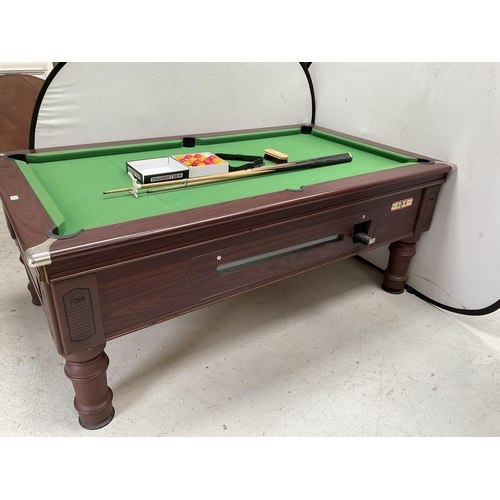 207 - ARAMITH SUPREME COIN OPERATED POOL TABLE C/W BALLS, CUE, REST, BRUSH, TRIANGLES AND KEYS H33