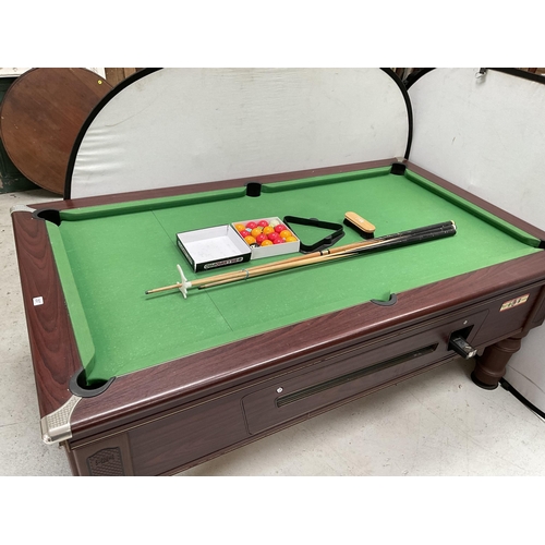 207 - ARAMITH SUPREME COIN OPERATED POOL TABLE C/W BALLS, CUE, REST, BRUSH, TRIANGLES AND KEYS H33