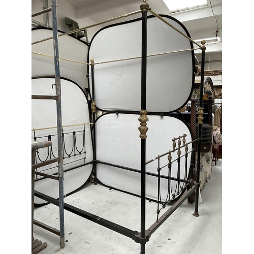 214 - VICTORIAN BRASS & IRON FULL TESTER FOUR POSTER BED FRAME - H93