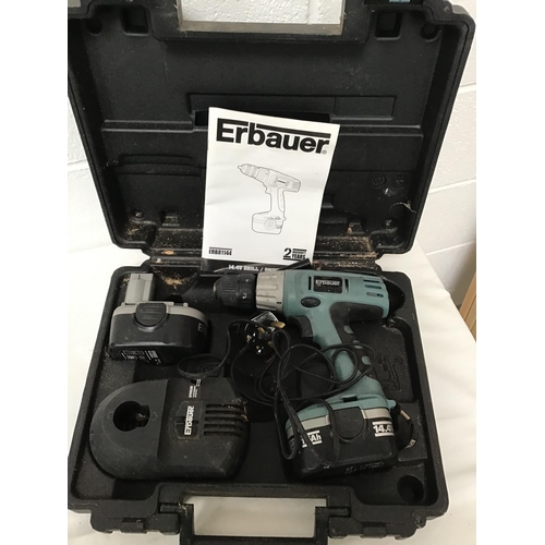 229 - ERBAUER TWIN BATTERY RECHARGEABLE DRILL IN CASE C/W INSTRUCTIONS AND 18V POWERBASE RECHARGEABLE DRIL... 