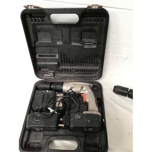 229 - ERBAUER TWIN BATTERY RECHARGEABLE DRILL IN CASE C/W INSTRUCTIONS AND 18V POWERBASE RECHARGEABLE DRIL... 