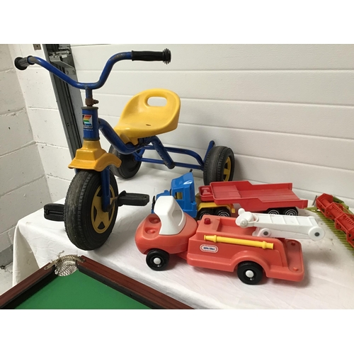 237 - CHILDS SNOOKER TABLE AND CUES, TRIKE, COMBINE HARVESTER, HELICOPTER