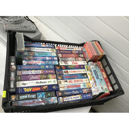 242 - SAMSUNG DVD RECORDER AND 2 CRATES OF VIDEOS, DVD'S ETC