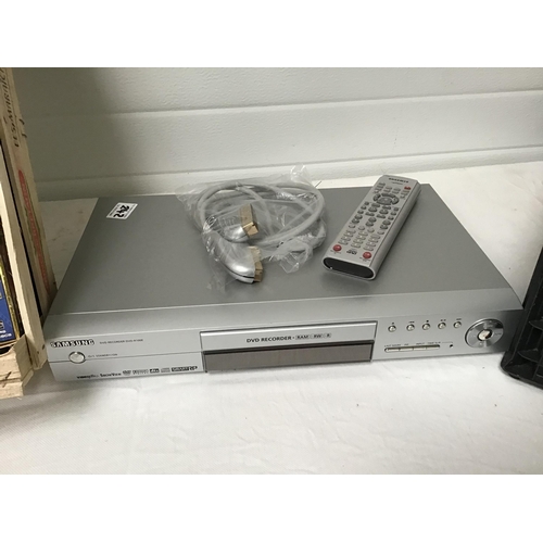 242 - SAMSUNG DVD RECORDER AND 2 CRATES OF VIDEOS, DVD'S ETC